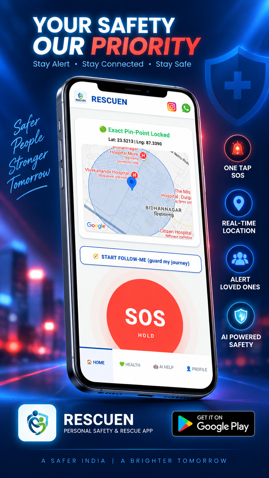 RESCUEN Home — one-tap SOS, live location and Follow-Me