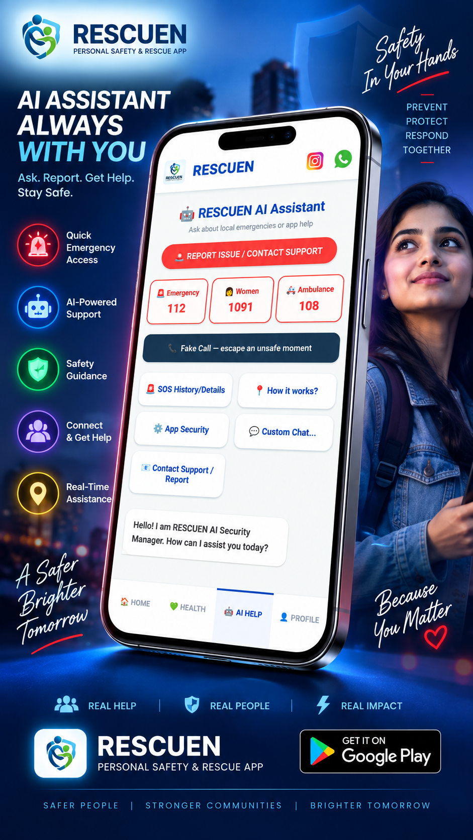 RESCUEN AI safety assistant with helplines