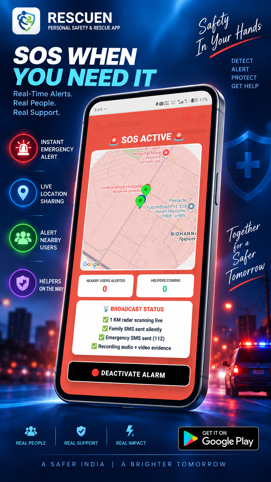 RESCUEN SOS Active screen — live map, nearby alerts and broadcast status