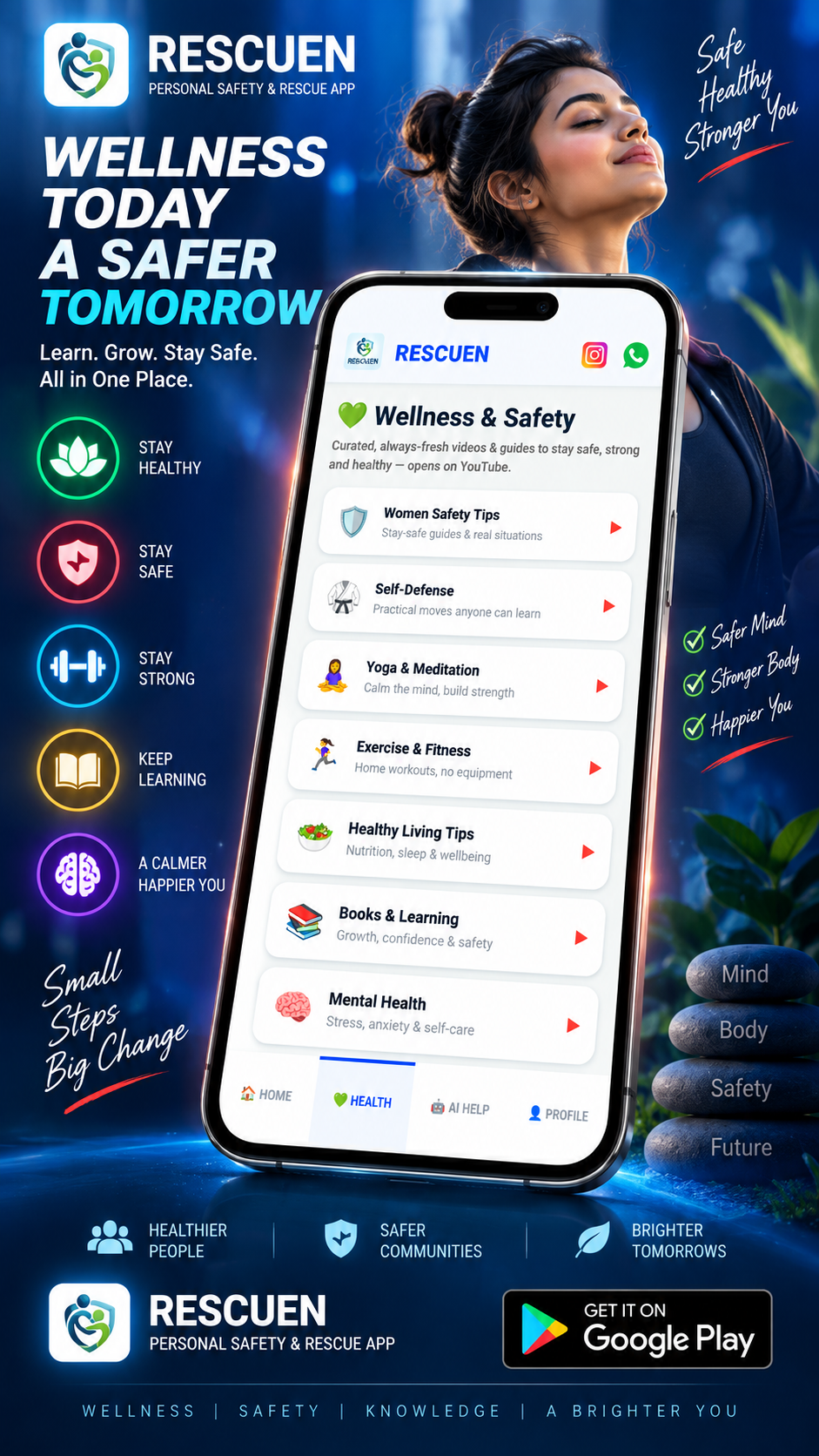 RESCUEN Health tab — wellness and safety guides